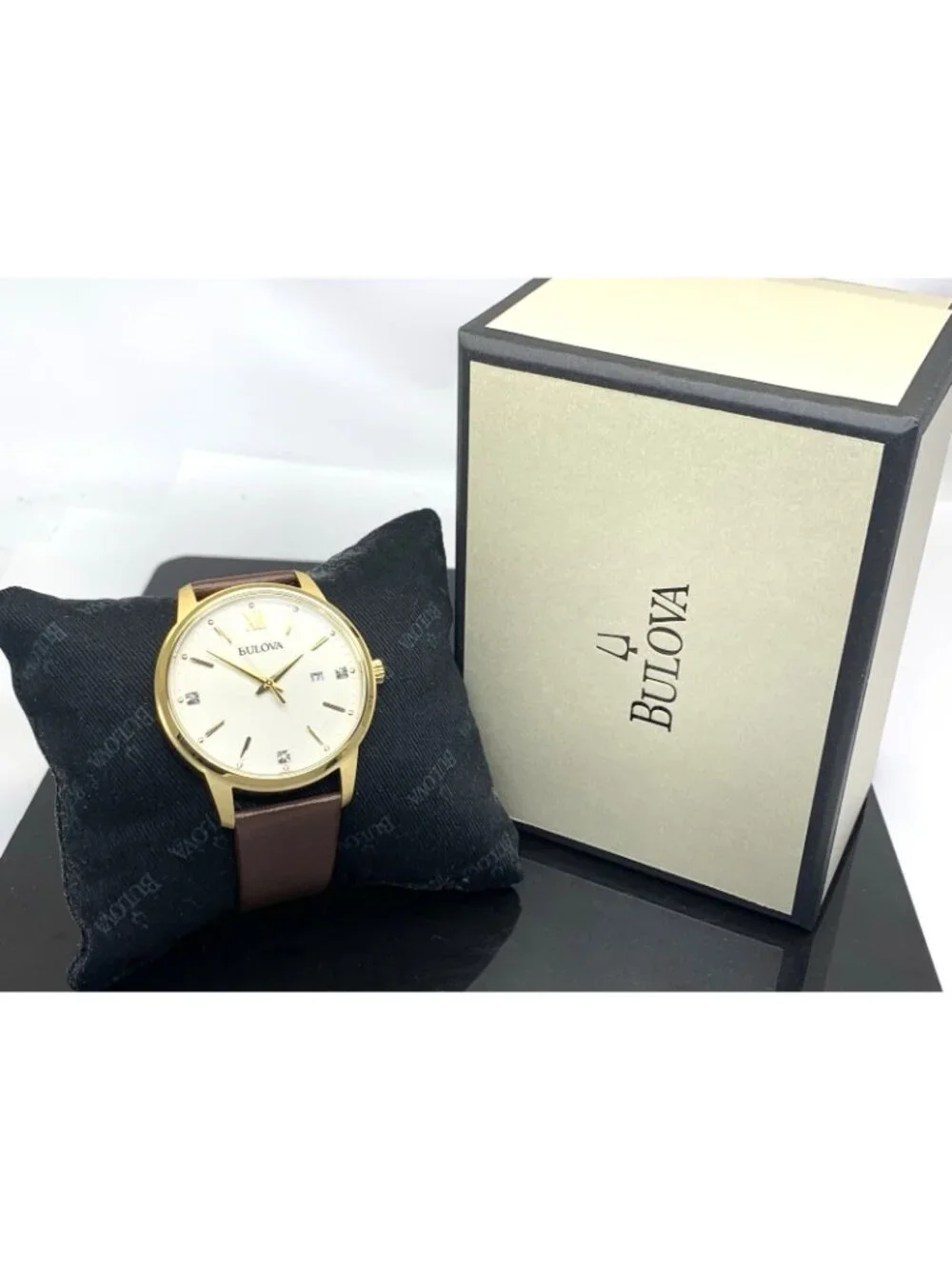 Bulova Men's Watch 97D125 Quartz Diamond Accent Gold Steel Brown Leather 41mm